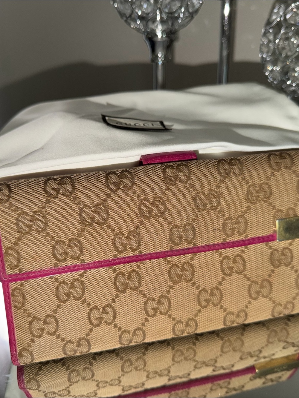 Gucci Vintage GG Canvas Convertible Wallet On Chain Pink WOC